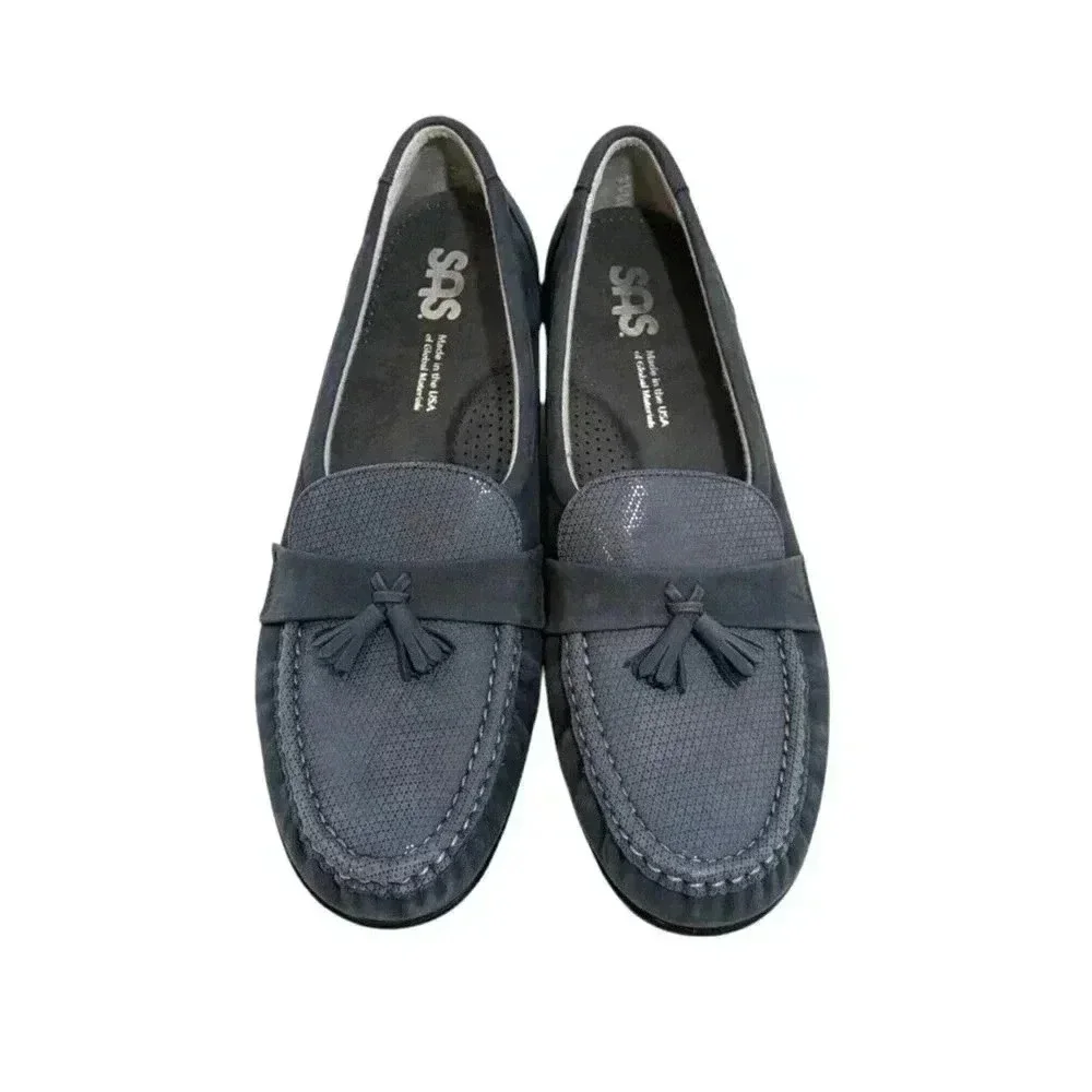 SAS Taylor Slip On Wedge Size 10N 10 Narrow Jeans Blue Suede Tassel Comfort